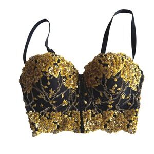 Vintage Bebe Gold Sequin Beaded Floral Bustier Crop Top Black Mesh Sweetheart S